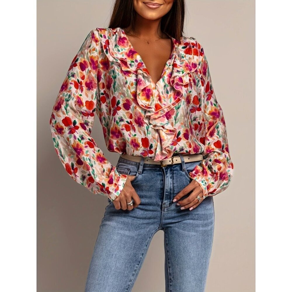 Floral Ruffle V-Neck Long Sleeve Blouse For Women S-XXL Available - Picture 4 of 5